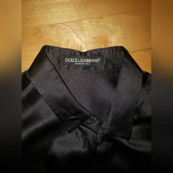 Dolce Gabbana Black 100% Silk tuxedo shirt pleated back pearl logo buttons M